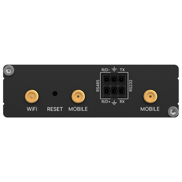 Teltonika RUT286 showing SMA antenna connectors and RS485 RS232 serial terminal block