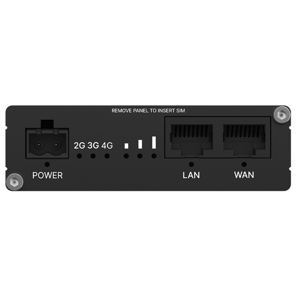 Teltonika RUT286 front panel showing power LED, mobile network LEDs and Ethernet status indicators