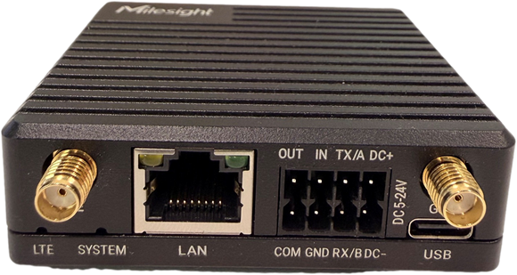 Milesight UR41 compact 4G router showing cellular and GPS SMA antenna connectors, RJ45 Ethernet port, serial and I/O terminal block and USB Type-C port